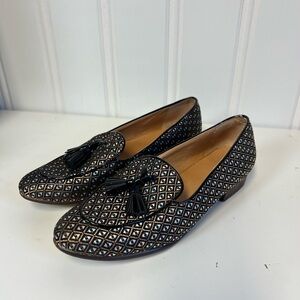 J. Crew Black and Gold Geometric Loafers Size 6 Holiday Formal Casual